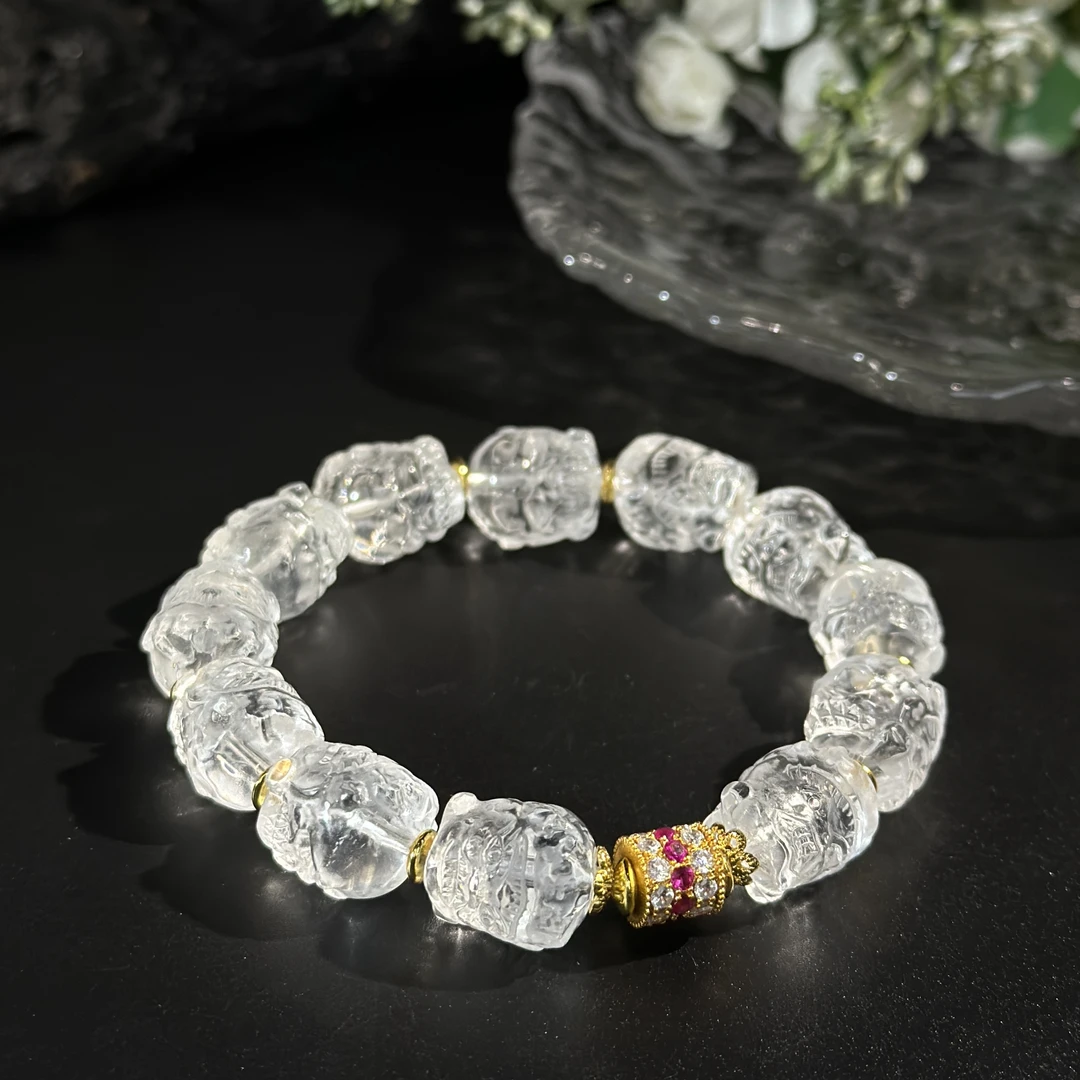 【四宝臻品】天然白水晶双面雕刻大颗手串丨尸陀林丨招财大黑天