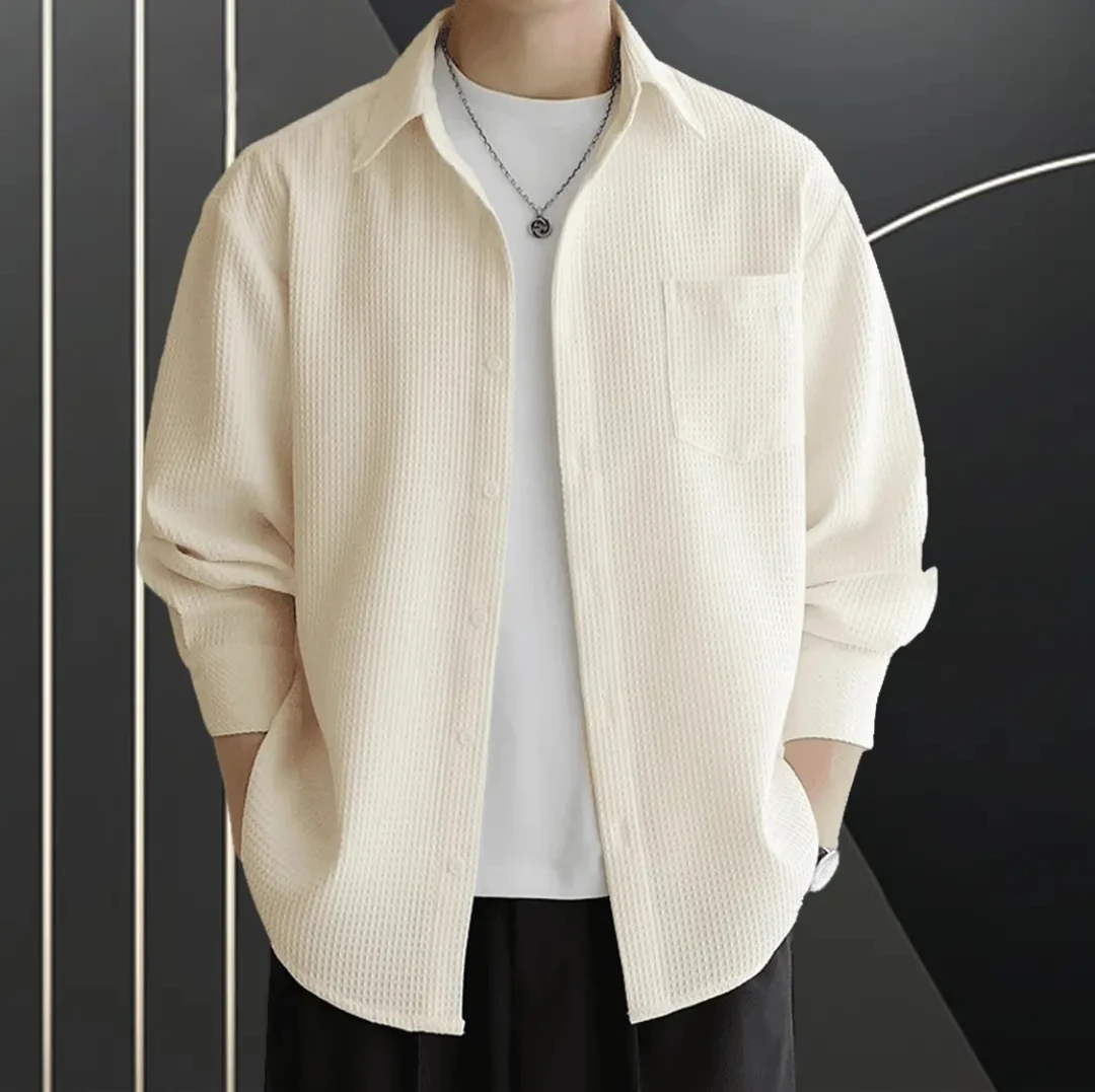 初秋日系长袖衬衫男士时尚潮流衬衣外套华夫格新款春秋季痞帅休闲