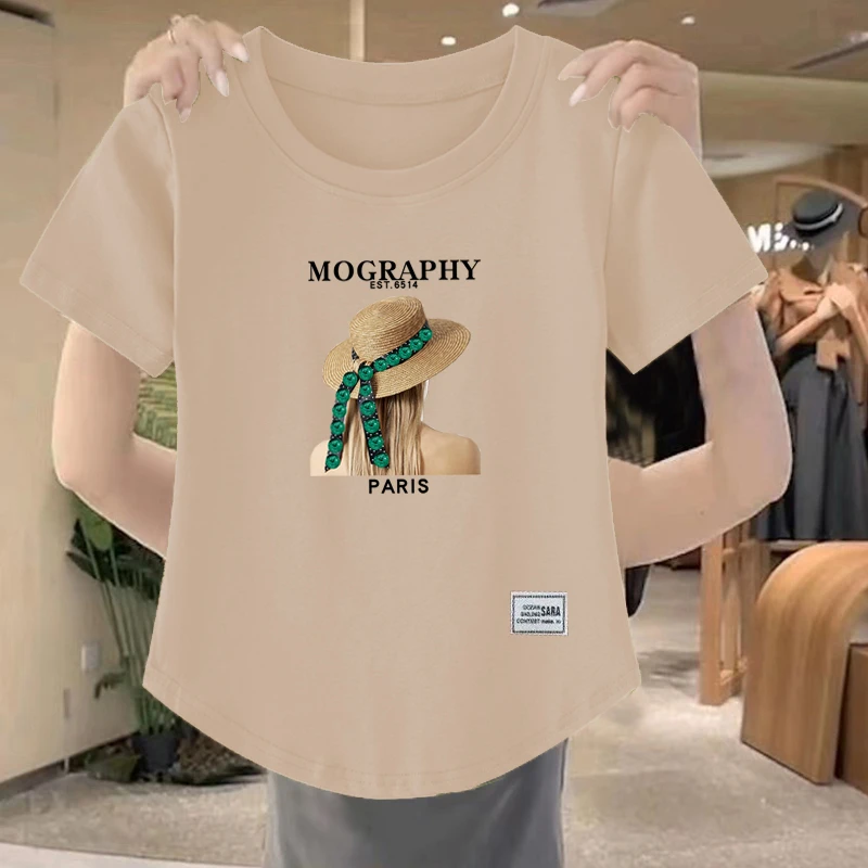 100%纯棉休闲T恤夏季微宽松遮肚子显瘦时尚百搭设计感圆领上衣ins