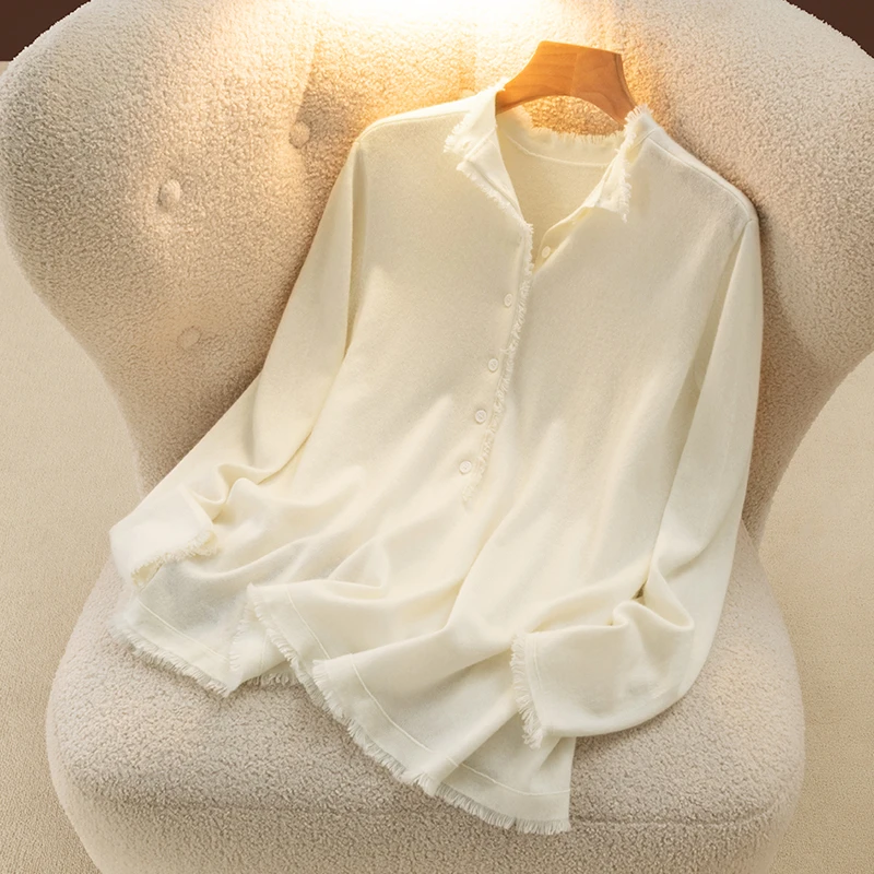 高端100纯山羊绒衫女春秋流苏毛衣百搭小立领长袖宽松打底羊绒衫