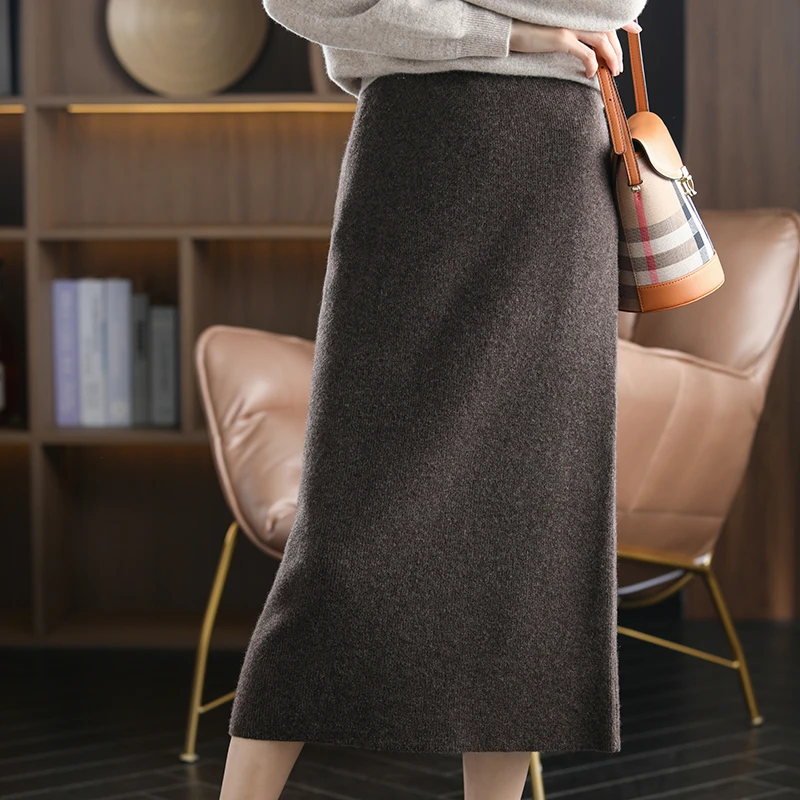 四平加厚针织A字一步裙100%澳洲羊毛裙高腰款纯色过膝秋冬季百搭