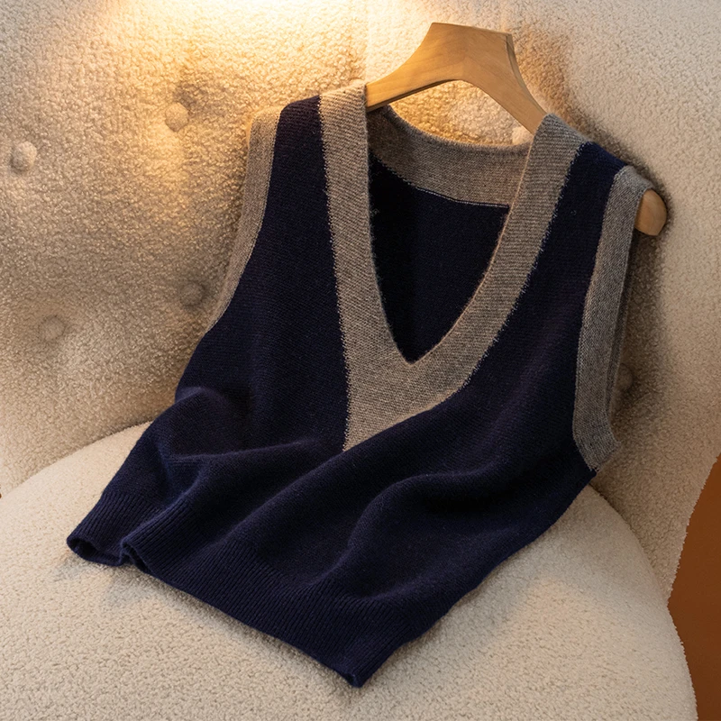秋冬新款V领羊毛马甲女宽松加厚针织衫无袖拼色坎肩背心100纯羊毛