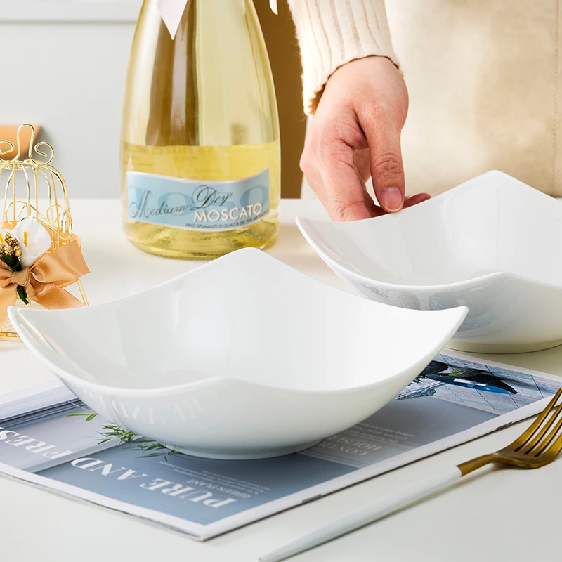 7寸翘角方盘个性异形沙拉碗盘碟纯白骨瓷创意家用简约陶瓷深菜