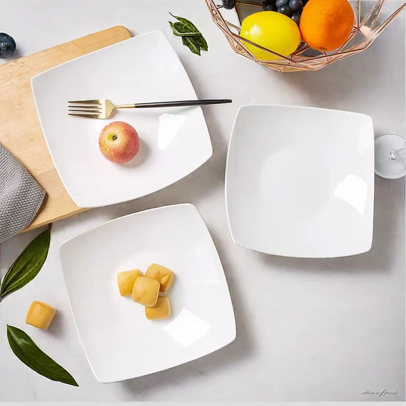 盘碟纯白骨瓷意家用欧式简约陶瓷深菜翘角方盘方形盘子家用西餐盘