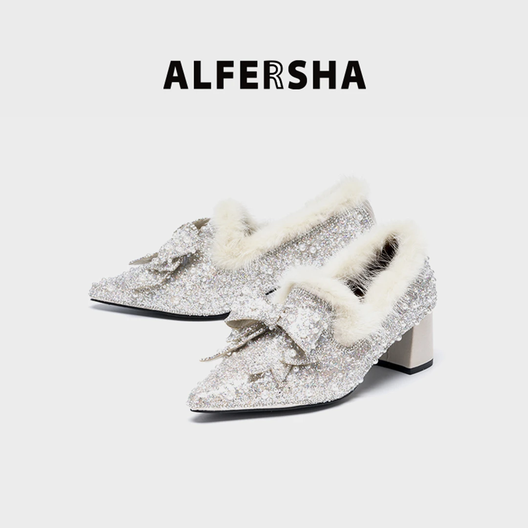 阿芙莎手工鞋5263新款气质百搭尖头仙女蝴蝶结毛绒粗跟单鞋