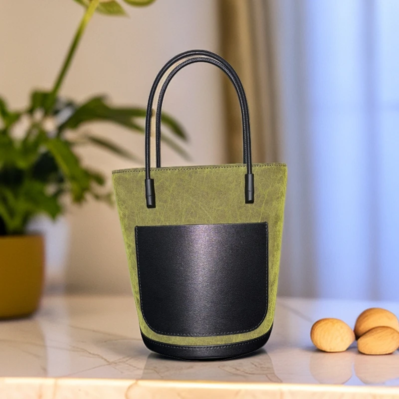 龟裂纹香云纱真牛皮休闲暗纹水桶包女包复古中国风手提包单肩包