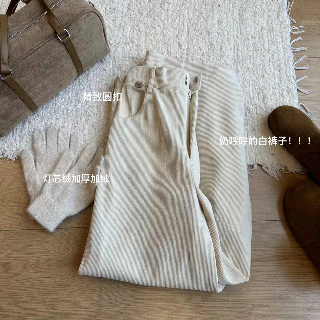 小文姐 W0675-复古简约休闲百搭高腰直筒加绒加厚灯芯绒阔腿裤