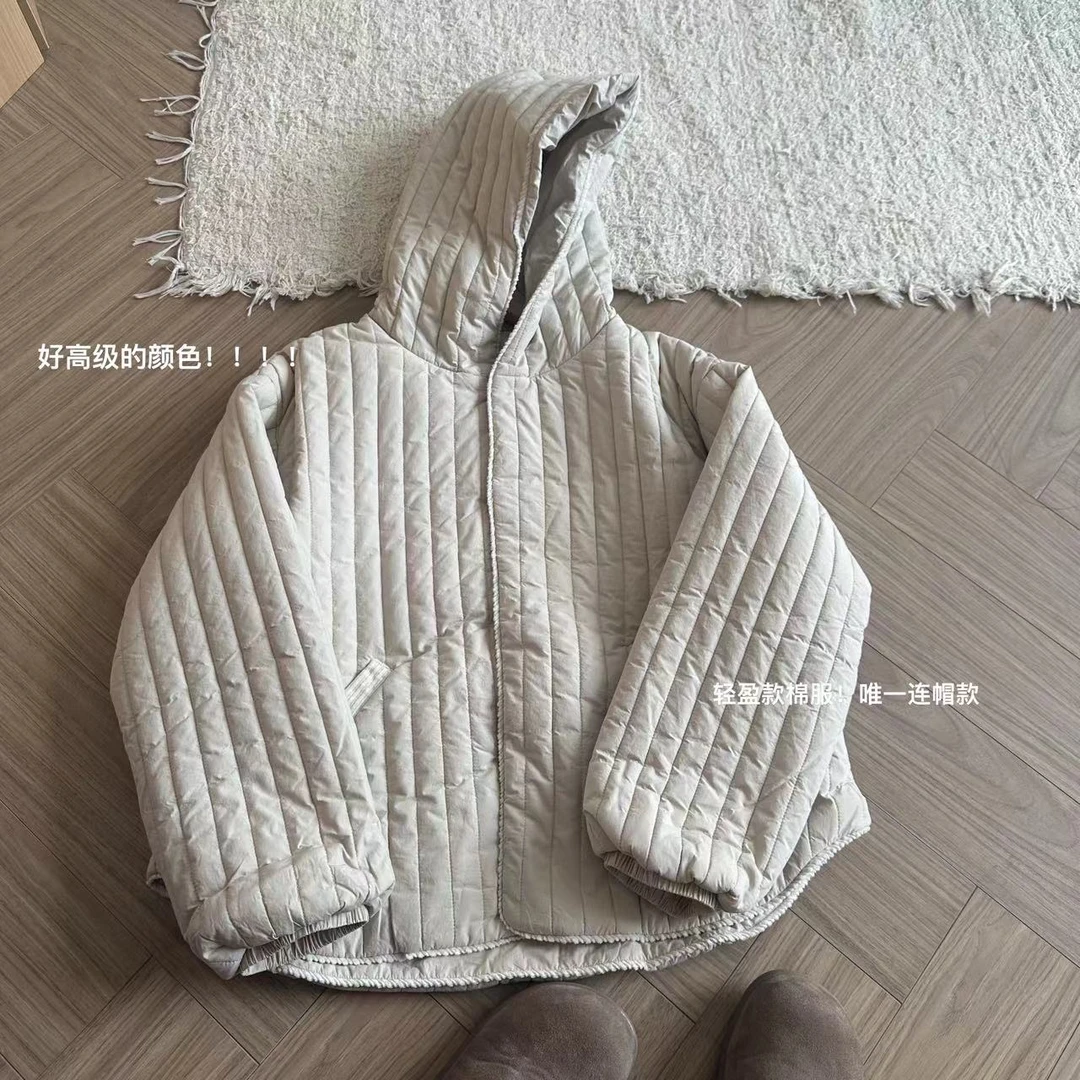 小文姐 W0646-冬季复古休闲连帽小棉衣文艺绗线条纹棉服上衣女