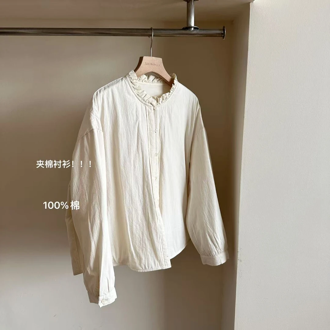 小文姐 W0917-复古木耳边立领衬衫外套设计感小众轻薄保暖上衣