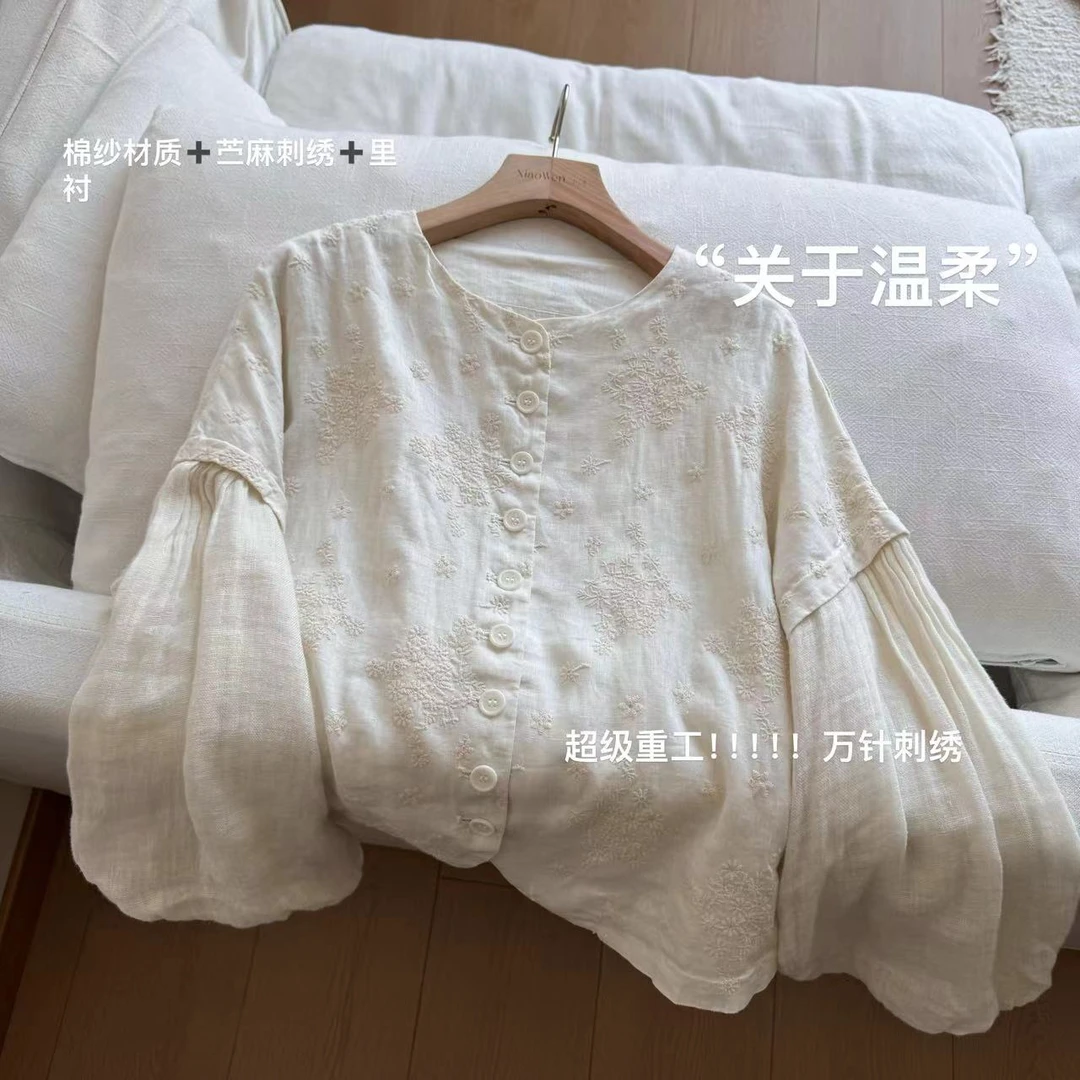 小文姐 W0345-‘关于温柔’田园刺绣长袖绣花双层泡泡袖衬衫褶皱袖