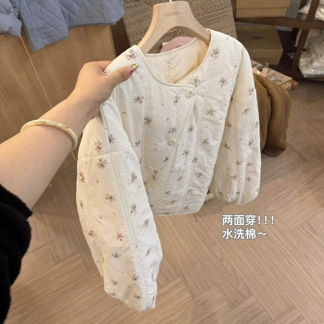 小文姐 W0715-冬季复休闲时尚古文艺玫瑰印花两面穿棉服上衣