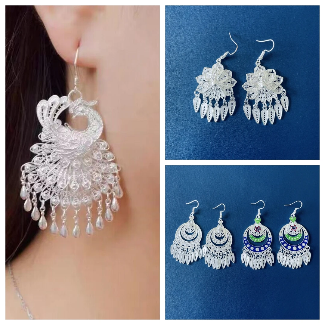 苗族侗族银饰耳环少数民族风流苏耳饰品苗银耳钩舞台表演百搭头饰