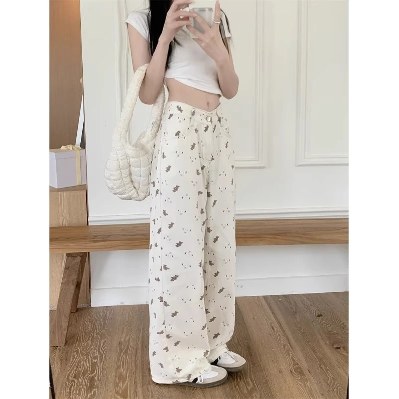 杏色小熊阔腿牛仔裤女夏季新品高腰垂感直筒宽松显瘦百搭休闲裤子