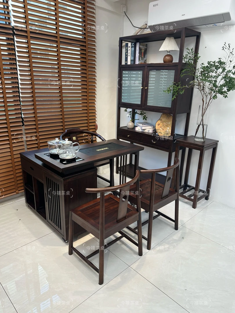 乌金木乌金石新中式旋转二代阳台客厅办公茶台书房茶桌椅实木茶台