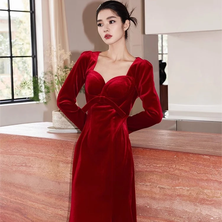 YES BY YESIR设计师品牌红珊瑚丝绒蝴蝶结轻礼服鱼尾裙