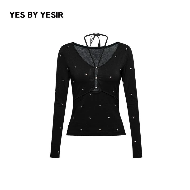 YES BY YESIR 叶谦原创设计师新款锆石扣Y字烫钻打底上衣