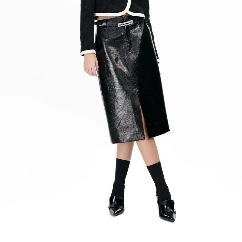 叶谦原创设计早秋新款黑色静奢开衩半身裙YDFLC16008