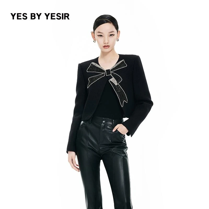 叶谦原创设计师春新款黑色名媛重工蝴蝶结香风夹克24SLC11121