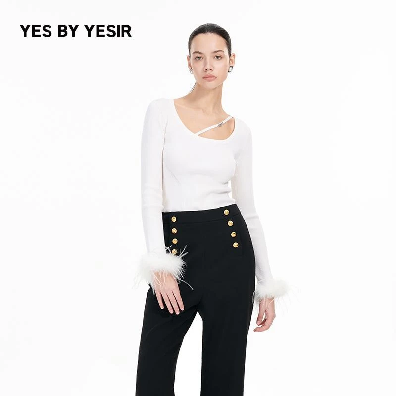 叶谦原创设计24年早秋新款白羽绵羊毛修身针织套头衫YDFLC22211