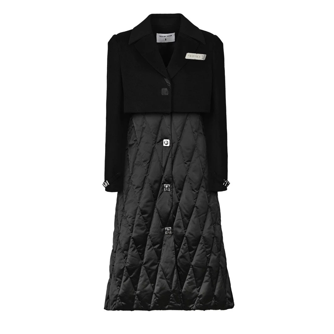 YES BY YESIR叶谦设计师品牌黑色羽绒服真两件时尚中长款外套