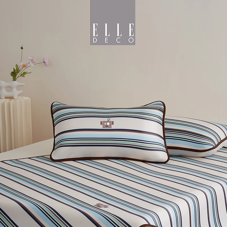 ELLE DECO 兔年限定机器人条纹夏季成人软席可折叠凉席三件套