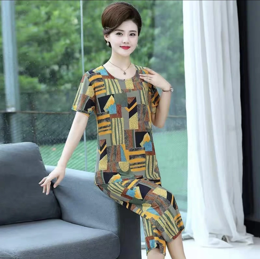 【包邮】妈妈装夏季休闲时尚套装宽松洋气简约中老年气质印花