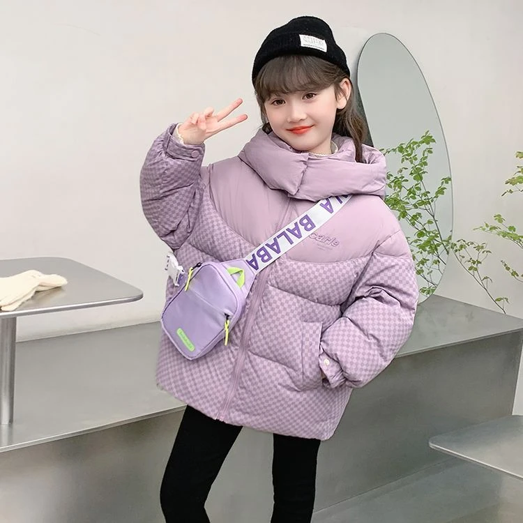 女童棉服冬装2024新款儿童洋气小棋格拼接棉服带帽冬季中大童棉衣