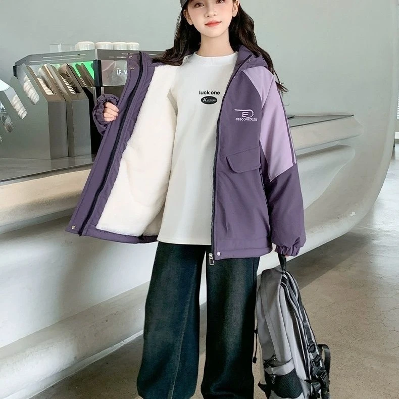 女童外套防风加绒秋冬款新款中大童冬装派克服儿童冬季冲锋衣加厚