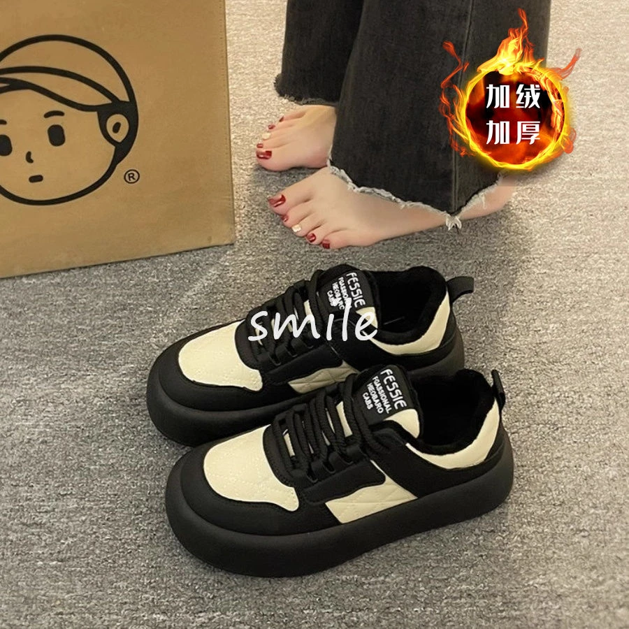 美拉德加绒面包鞋女冬季加厚保暖二棉鞋韩版拼色熊猫百搭运动板鞋