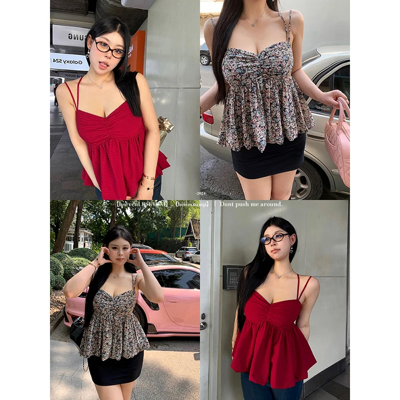 黑泽玄七微胖mm2024夏季新款遮肚显瘦百搭外穿辣妹碎花吊带上衣女