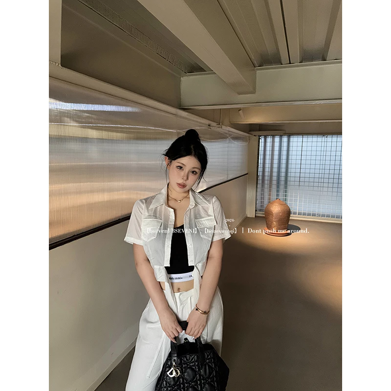 黑泽玄七衬衫2024夏季新款胖mm显瘦遮肉轻薄透气纯色衬衫上衣女