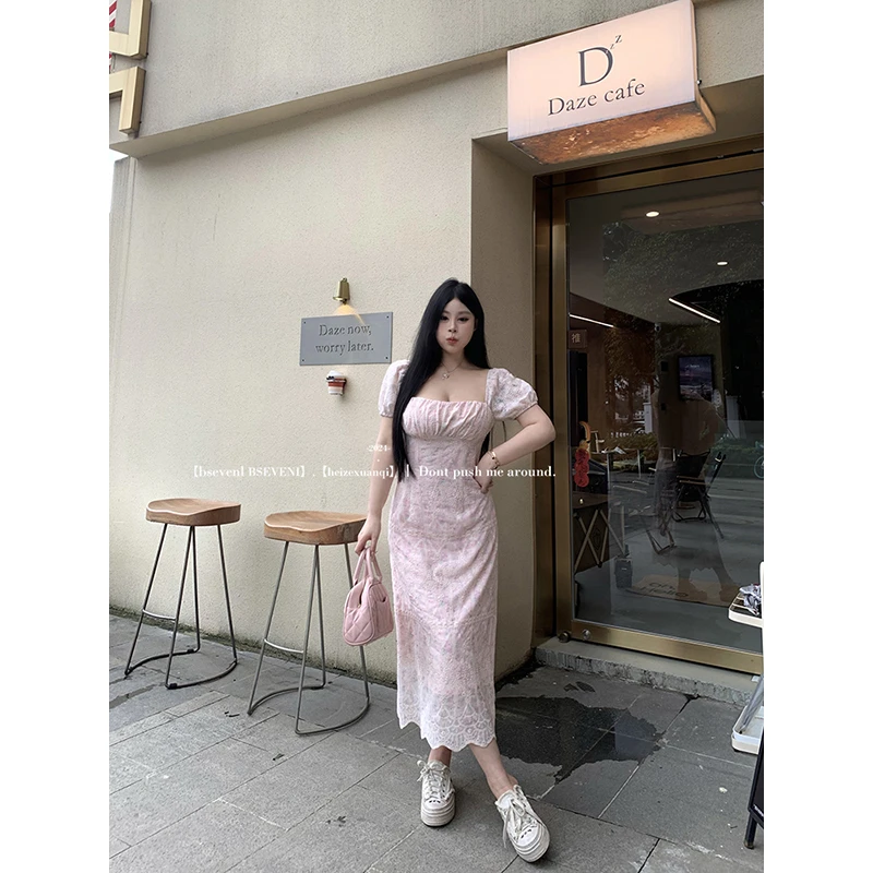 黑泽玄七碎花裙2024夏季新款微胖显瘦方领小众冷淡系别致连衣裙女