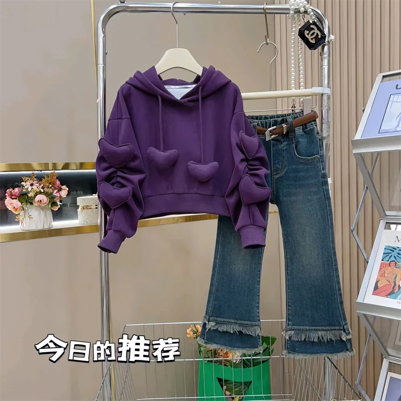 女童爱心连帽卫衣套装春秋装2024中大童甜美上衣毛边喇叭牛仔裤潮