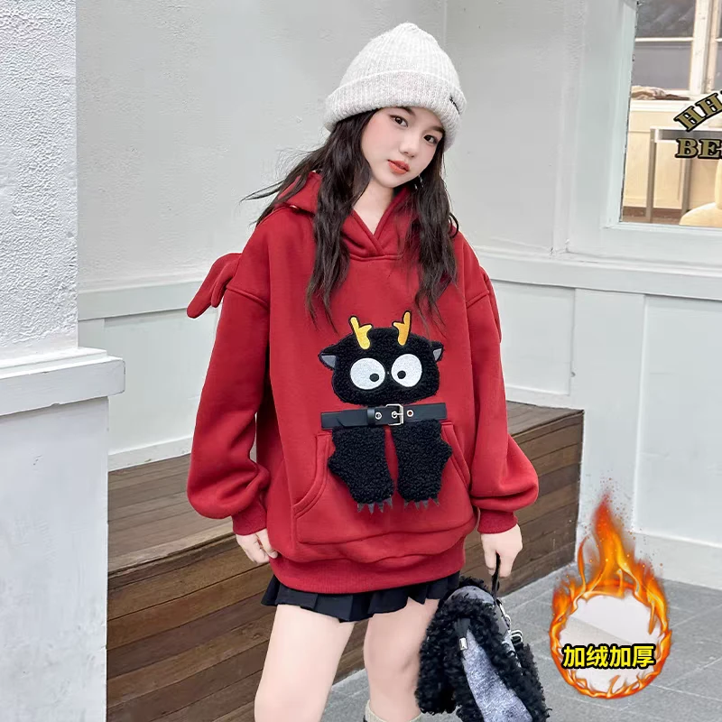 女童连帽卫衣秋冬2024新款慵懒风中大童加绒儿童韩版宽松保暖上衣