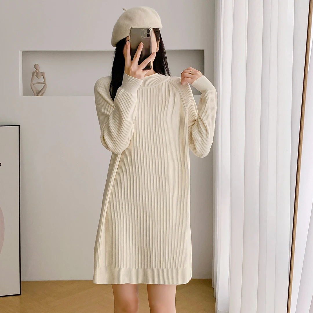 秋冬新款宽松连衣裙女慵懒风时尚百搭显瘦内搭中长款针织打底裙女