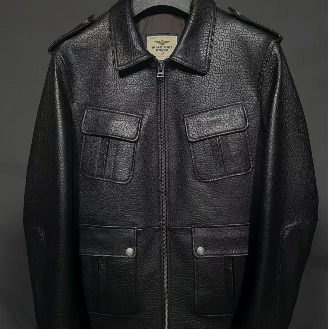 男装皮衣男士春秋时尚休闲黑色真皮翻领秋冬男士春秋时尚休闲黑色