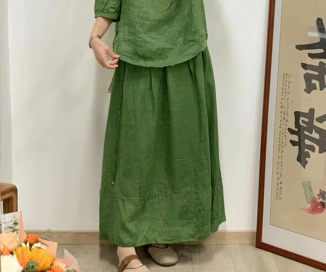 【盛涵】夏季纯色重纱苎麻百搭松紧腰大摆裙拼接烧花双层女士半身裙