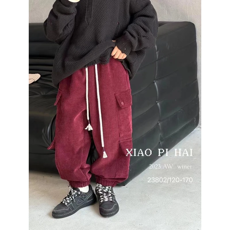 【潮牌裤子】中大童裤子2023冬季新款儿童童装条绒休闲加绒裤23802