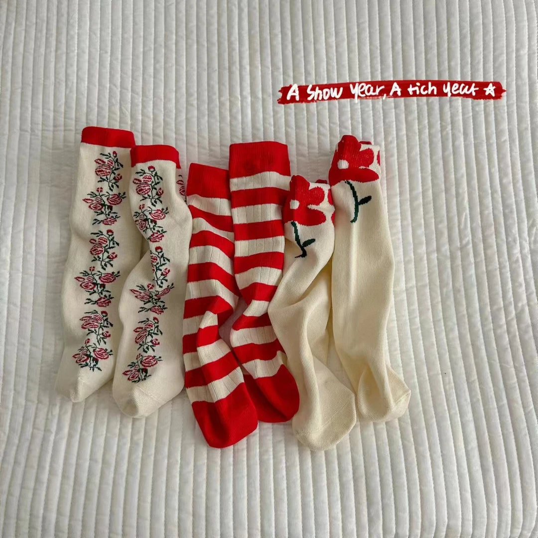 【潮牌袜子】2024本命年红袜三双装冬条纹季没有脚后跟中筒长袜2371