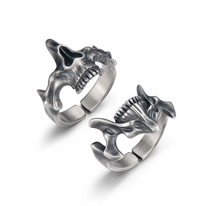 铜合金戒指 铜镀银骷髅鬼面戒指男款复古霸气潮流小众可调节戒指