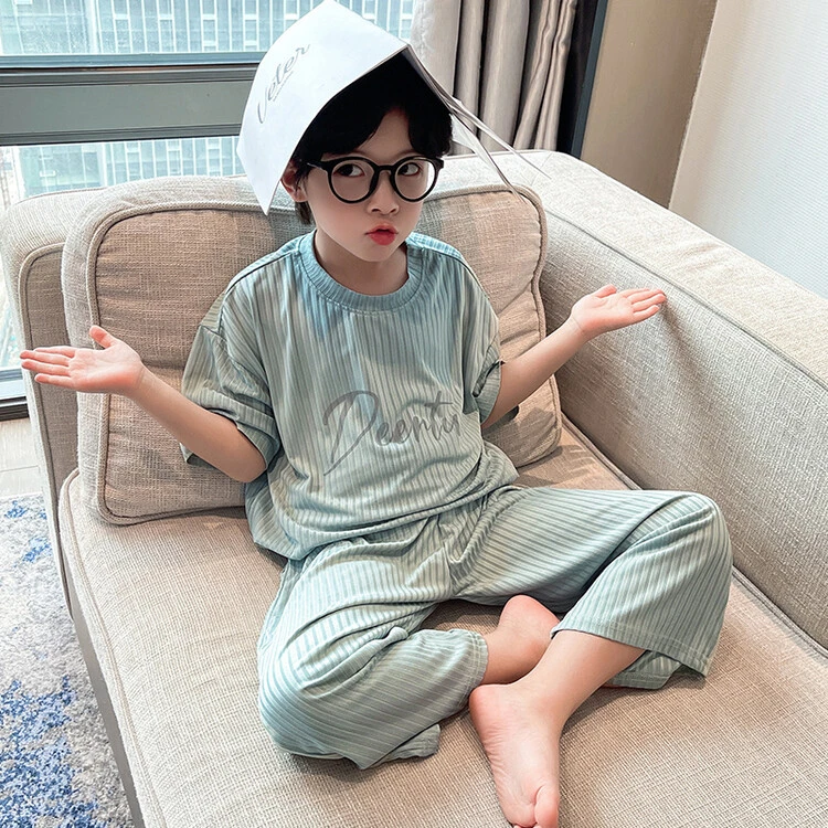 儿童薄款冰丝短袖男童睡衣夏季家居服套装新款中大童小男孩空调服