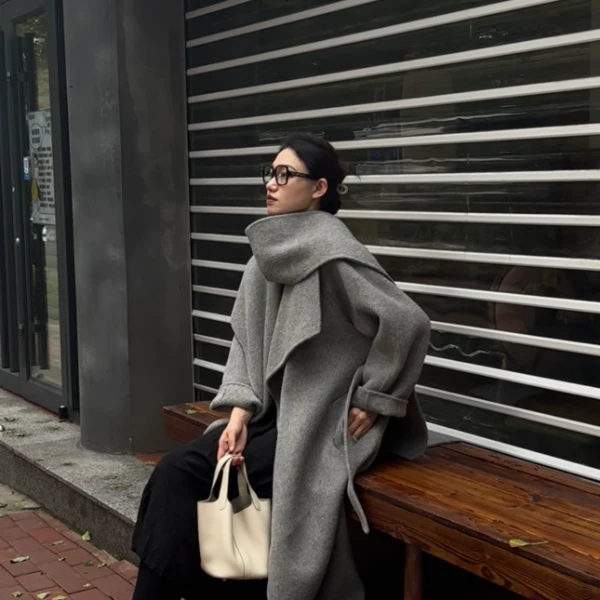 《气场全开》女士气质时尚设计师纯色双面毛呢大衣外套