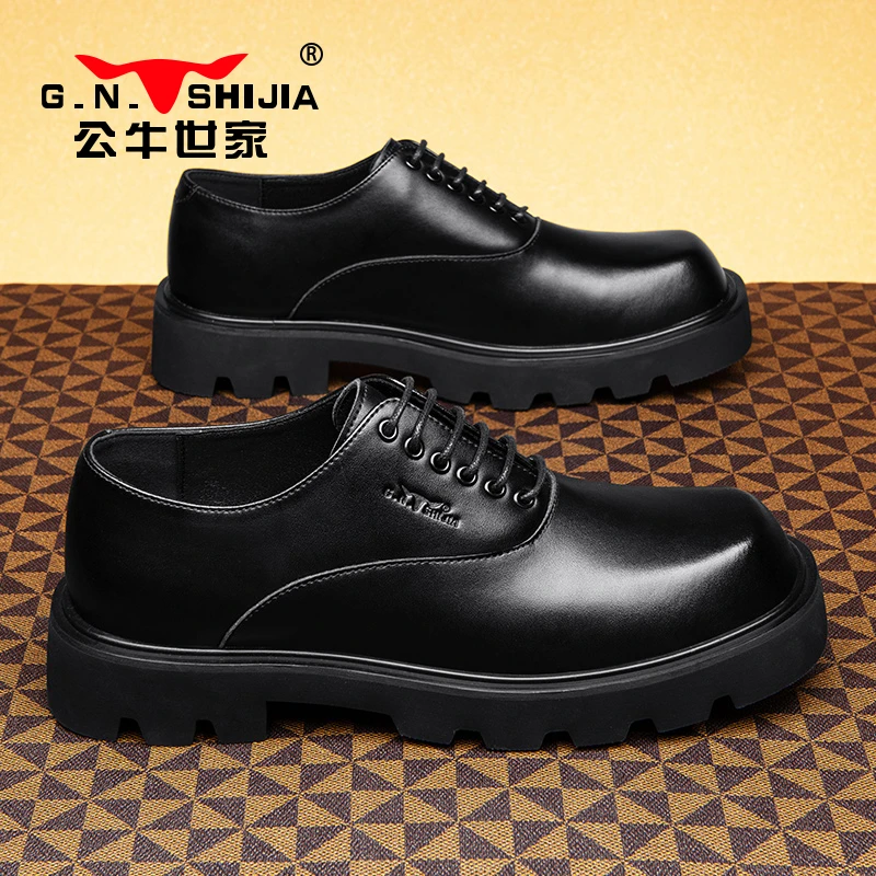 公牛世家方头皮鞋男士韩国ins潮流英伦风休闲厚底小众原创德比鞋