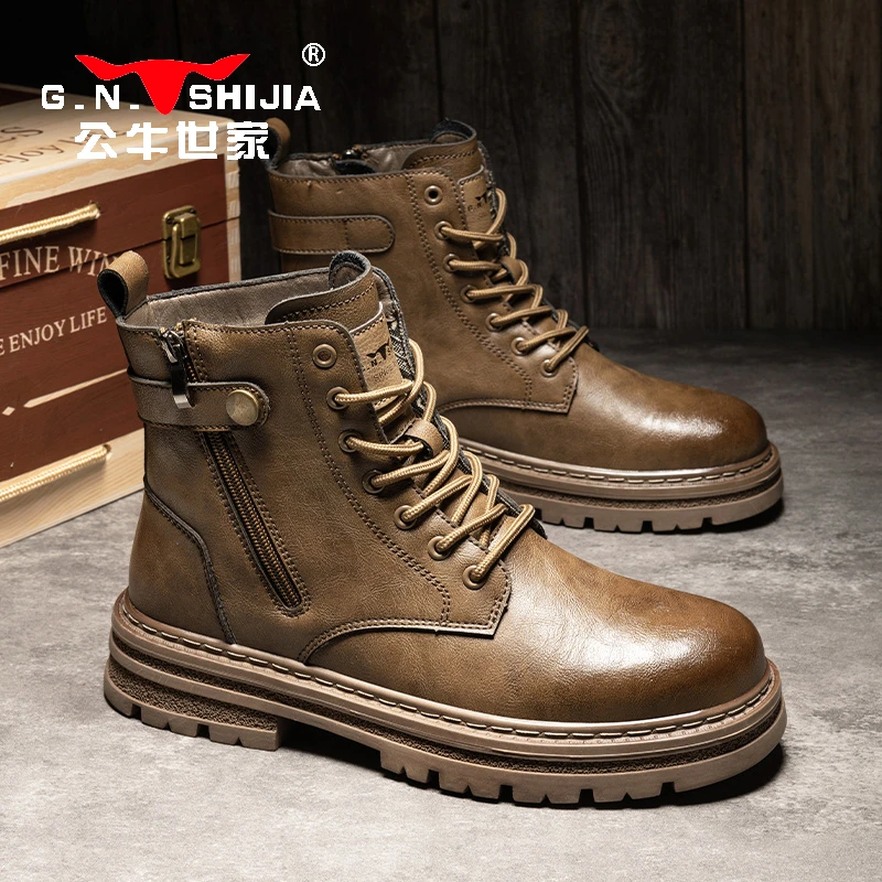 公牛世家真皮马丁靴男鞋2023新款秋冬英伦风高筒帅气复古工装长靴