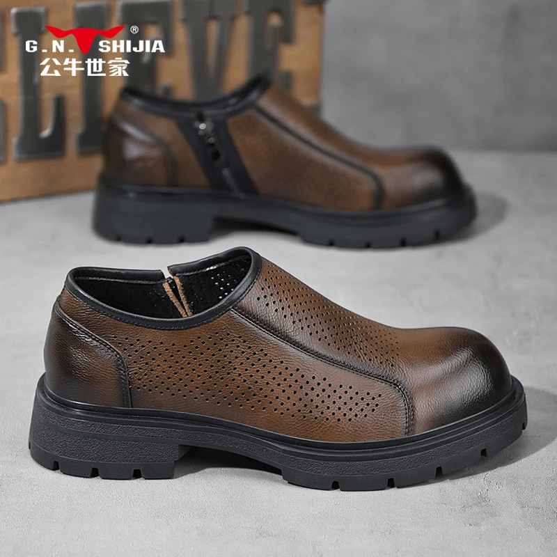 公牛世家休闲男鞋夏季厚底镂空商务皮鞋一脚蹬正装透气软底德比鞋