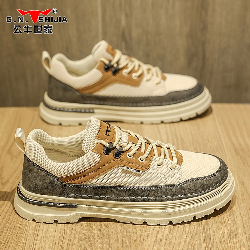 公牛世家2025夏季男鞋透气织物休闲网面板鞋复古防滑轻便工装网鞋