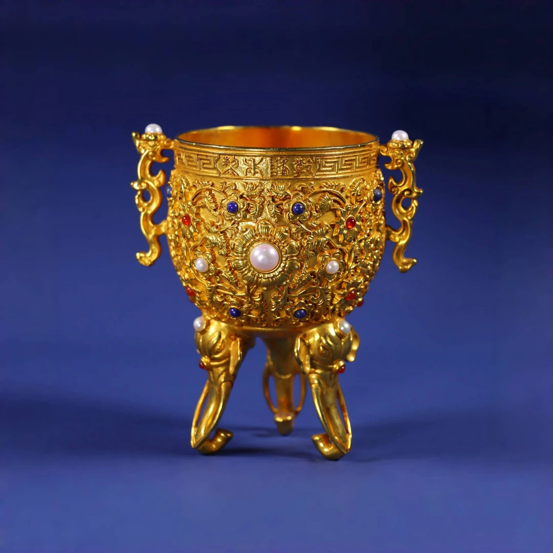 纯手工打造铜鎏金镶嵌宝石“金瓯永固”杯电视柜客厅书房手工艺摆件