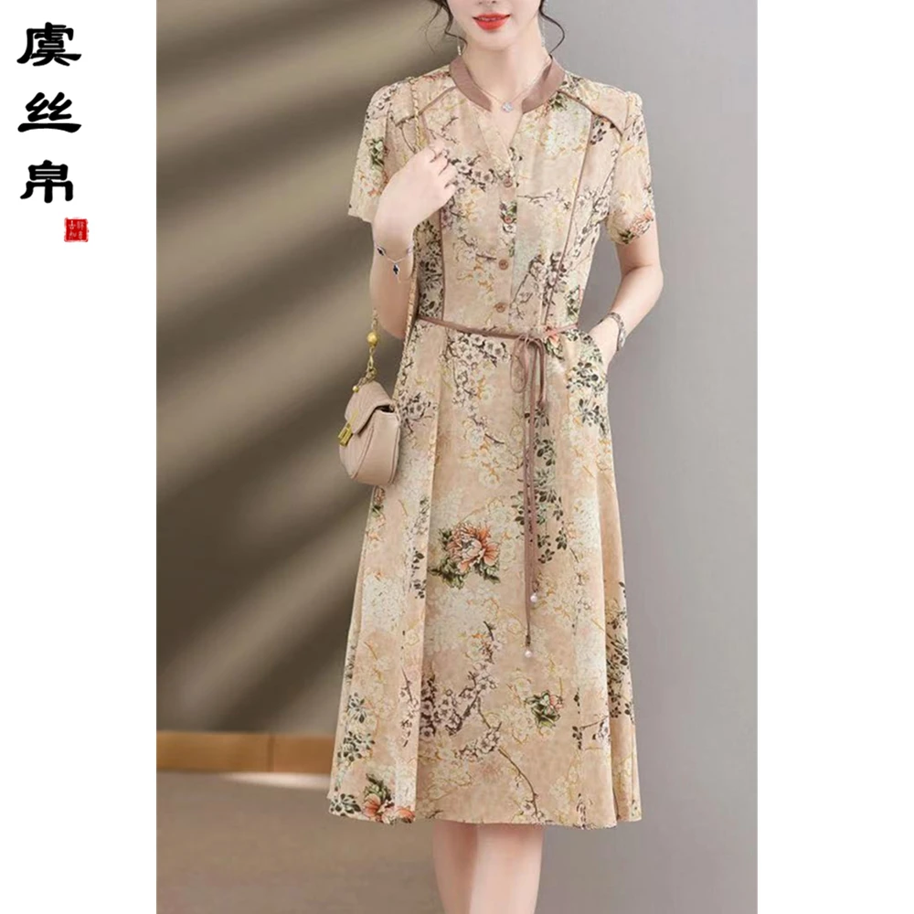 Y657复古中国风改良精品仿真丝气质女装连衣裙中修身显瘦碎花减龄