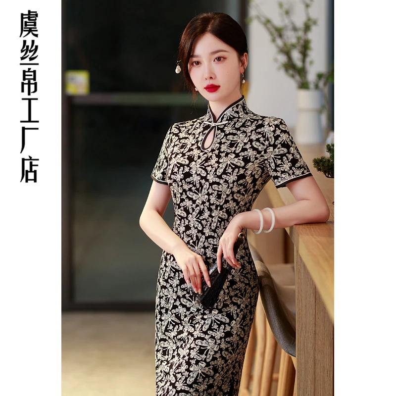 Y860新中式高弹力水滴领改良版旗袍裙夏季新款蝴蝶碎花中国风旗袍