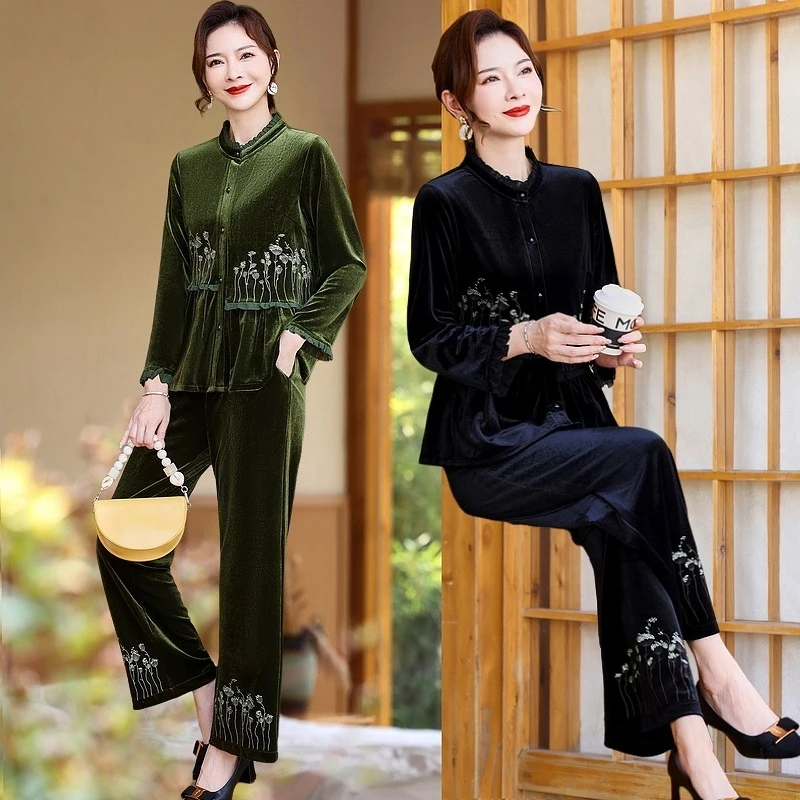 Y952新中式国风复古丝绒刺绣两件套女装花边上衣加裤子真两件套装